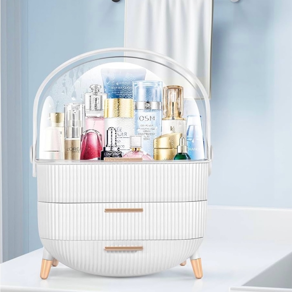White and gold makeup/skincare display case with handle
